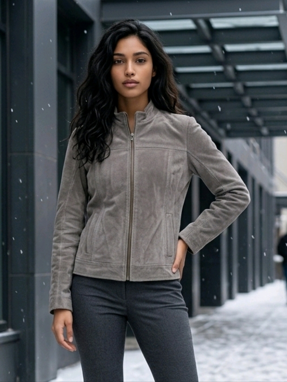 Ruff Hewn Suede Leather Jacket Womens M Taupe Quilted Moto Zip Quiet Luxury Chic